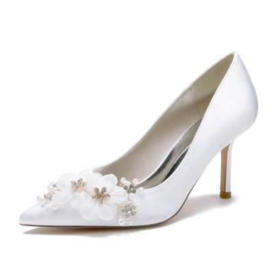 Witte satijnen bloem bruidspompen lage hakken schoenen voor bruiloft