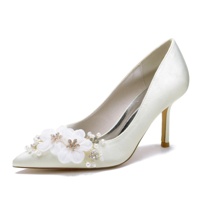 Beige satijnen bloem bruidspompen lage hakken schoenen voor bruiloft