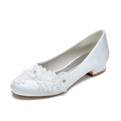 Witte satijnen bloem versiering flats ronde neus comfortabele bruids platte schoenen