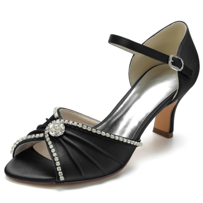 D'orsay peep toe enkelbandje satijnen sandalen met zwarte hak en enkelbandjes