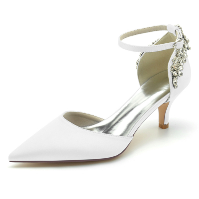Witte satijnen juwelen enkelbandje D'orsay hakken kitten hak pumps schoenen