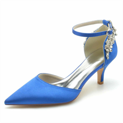 Koningsblauw satijn juwelen enkelband D'orsay hakken kitten hak pumps schoenen