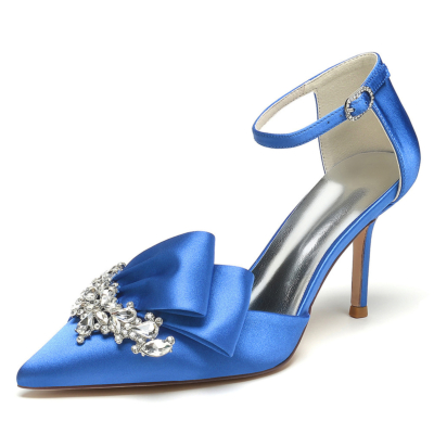 Koningsblauw satijnen juwelen strik D'orsay pumps enkelbandje stiletto hakken voor bruiloft