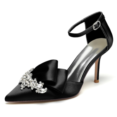 Zwart satijnen juwelen strik d'orsay pumps enkelband stiletto hakken voor bruiloft