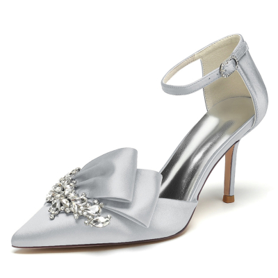 Zilveren satijnen juwelen strik d'orsay pumps enkelbandje stiletto hakken voor bruiloft