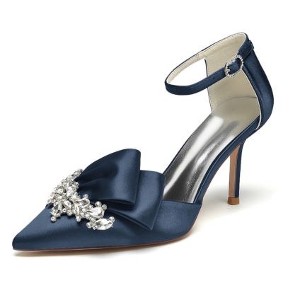 Marineblauwe satijnen juwelen strik D'orsay pumps enkelbandje stiletto hakken voor bruiloft
