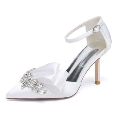 Witte satijnen juwelen strik d'orsay pumps enkelband stiletto hakken voor bruiloft