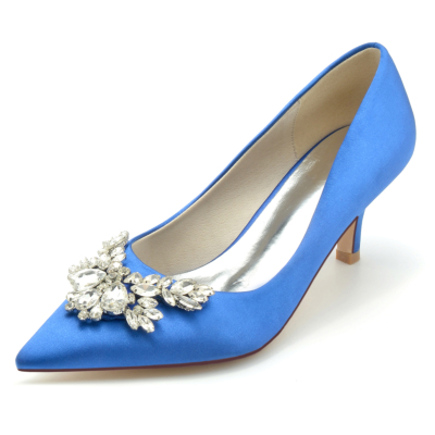 Royal Blue Satin Jeweled Heels Wedding Spitse neus Pumps Kitten Heel