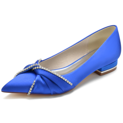 Koningsblauw satijn juwelen knoop pumps platte schoenen voor feest