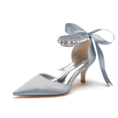 Grijs satijnen kitten heel pumps Bow D'orsay schoenen met kristallen riem