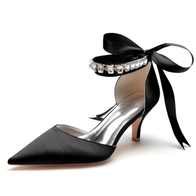 Zwart satijnen kitten heel pumps Bow D'orsay schoenen met kristallen band