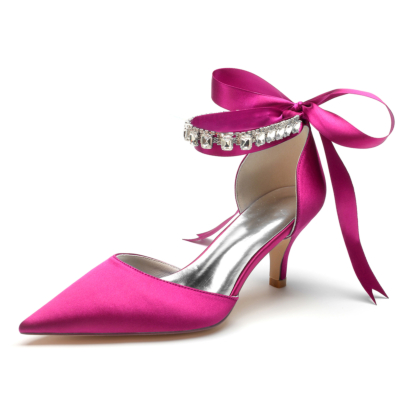 Magento Satin Kitten Heel Pumps Bow D'orsay schoenen met kristallen band