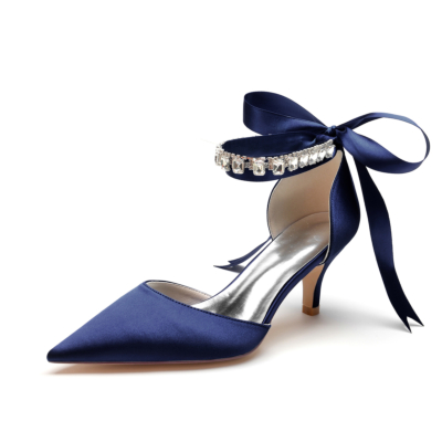 Marineblauwe satijnen pumps met kitten-hak Bow D'orsay-schoenen met kristallen band