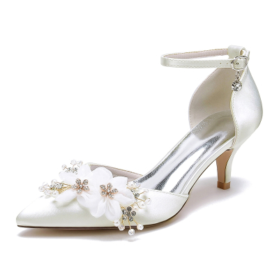 Ivory Satin Lace Flowers Pointed Toe Kitten Heel Ankle Strap Wedding Shoes