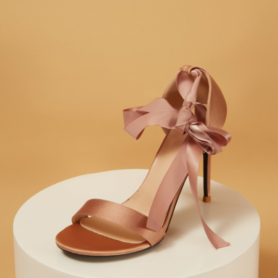 Roze satijnen enkelbandje sandalen met veters Stiletto hakken voor bruiloft
