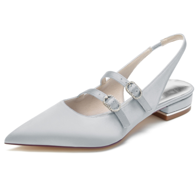 Zilverkleurige satijnen Mary Jane platte schoenen met puntige neus en slingback