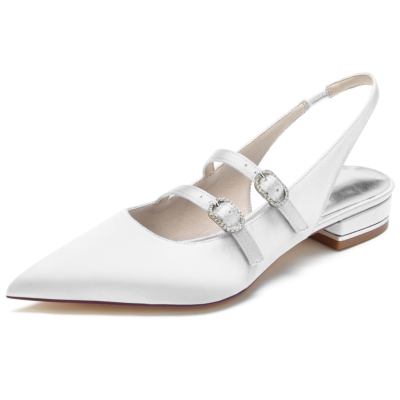 Witte satijnen Mary Jane slingback platte schoenen met spitse neus