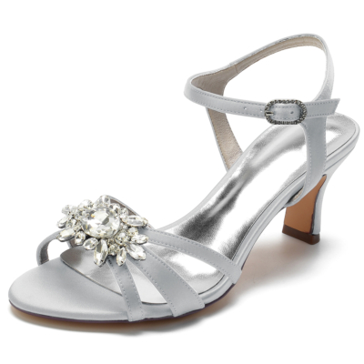 Zilver satijn open teen strass slingback hak sandalen trouwschoenen