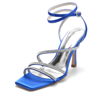 Koningsblauw satijn open teen strass naaldhak strappy party sandalen