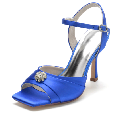 Koningsblauw satijn open teen naaldhak strass bloemen enkelbandje sandalen