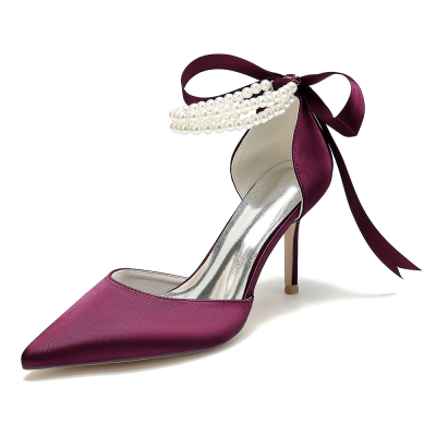 Burgundy Satin Pearl Ankle Strap Pointed Toe Stiletto Heel Lace up Wedding Shoes
