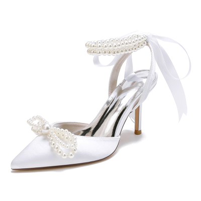 White Satin Pearl Bow Pointed Toe Stiletto Heel Strappy Ankle Strap Wedding Sandals