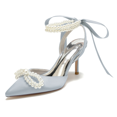 Silver Satin Pearl Bow Pointed Toe Stiletto Heel Strappy Ankle Strap Wedding Sandals