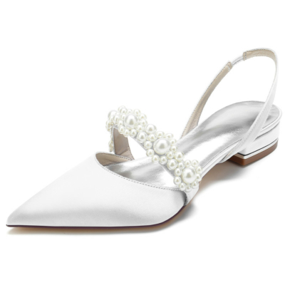 Witte satijnen parelversieringen Flats Puntige teen Slingbacks Bruids platte schoenen