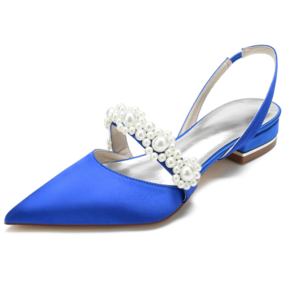 Royal Blue Satin Pearl Versieringen Flats Spitse neus Slingbacks Bruids platte schoenen