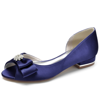 Marineblauwe satijnen platte schoenen met peeptoe en strik comfortabele trouwschoenen