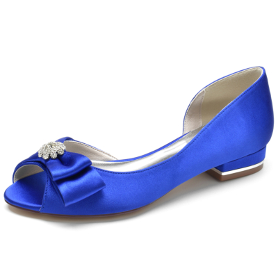 Koningsblauwe satijnen platte schoenen met peeptoe en strik comfortabele trouwschoenen