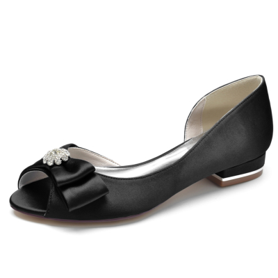 Zwarte satijnen platte schoenen met peeptoe en strik comfortabele trouwschoenen
