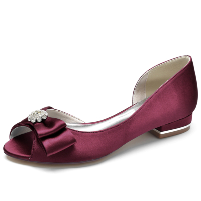 Bordeauxrode satijnen peeptoe platte schoenen met strik comfortabele trouwschoenen