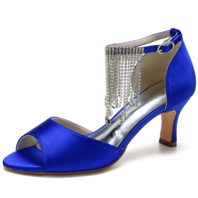 Dames Royal Blue Satin Peep Toe Strass Fringe Ankle Strap Heel Sandalen