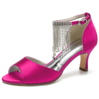 Roze satijnen peeptoe-sandalen met enkelbandje en enkelbandje met strass-steentjes voor dames