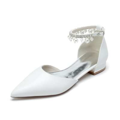 Witte satijnen spitse neus parel enkelband bruiloft platte schoenen