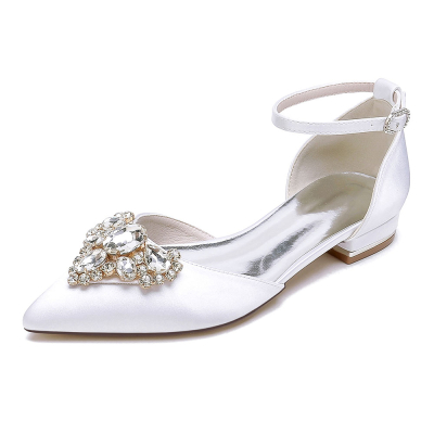 White Satin Pointed Toe Flat Ankle Strap Wedding Shoes