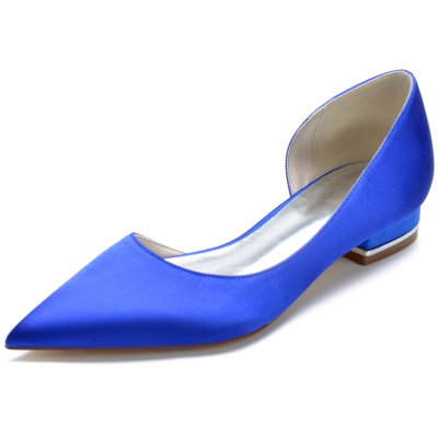 Koningsblauwe satijnen platte schoenen met spitse neus