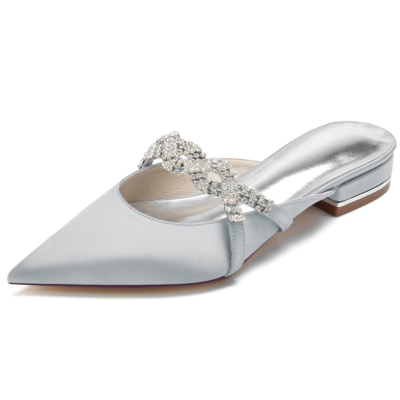 Zilveren satijnen spitse neus sieraden platte bruiloft muilezel schoenen