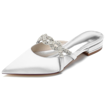 Witte satijnen spitse neus sieraden platte bruiloft muilezel schoenen