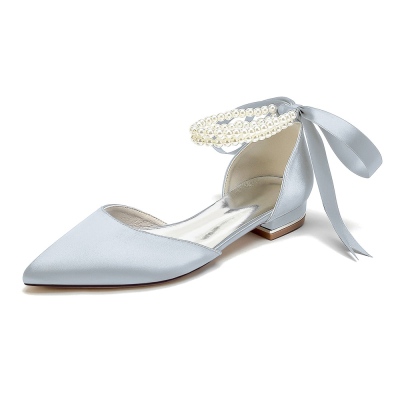 Silver Satin Pointed Toe Pearl Strap Lace up Wedding Flats