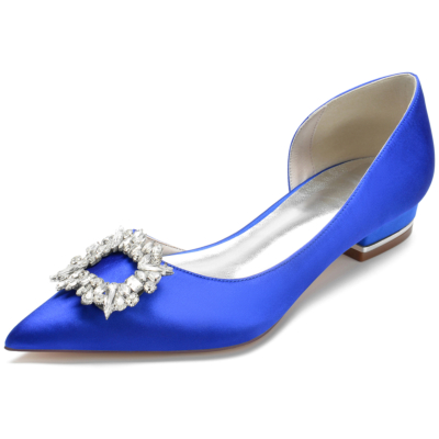 Koningsblauwe satijnen platte schoenen met spitse neus en strass gesp