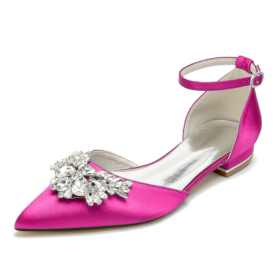 Magenta Satin Pointed Toe Rhinestone Wedding Shoes Ankle Strap Flat