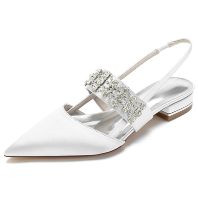 Witte satijnen puntige teen slingbacks platte schoenen met juwelen brede riem