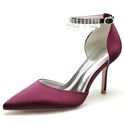 Burgundy Satin Pointed Toe Stiletto Heel Pearl Tassle Ankle Strap Pumps Wedding Shoes