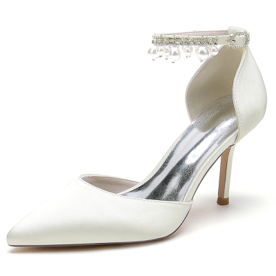 Ivory Champagne Satin Pointed Toe Stiletto Heel Pearl Tassle Ankle Strap Pumps Wedding Shoes