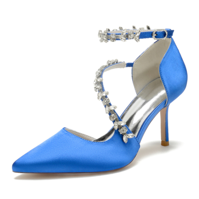 Koningsblauwe satijnen puntschoen stiletto's enkelbandje hak trouwschoenen