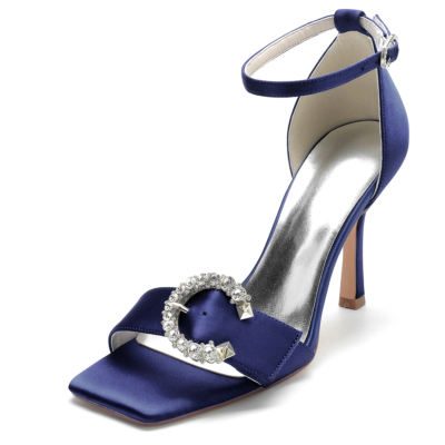 Marineblauwe satijnen strass gesp open teen stiletto sandalen met enkelbandje