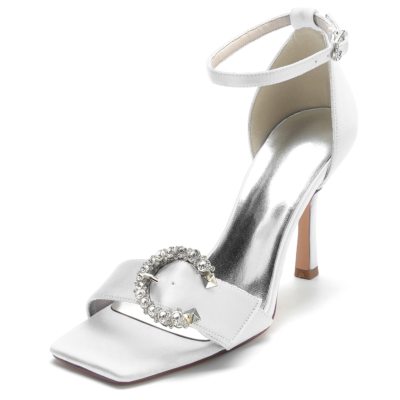 Witte satijnen strass gesp open teen stiletto enkelbandje sandalen