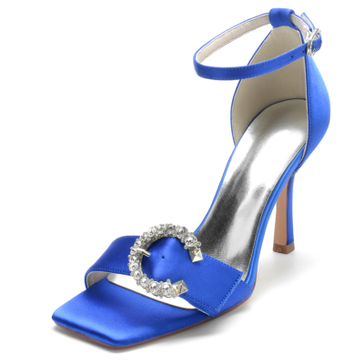 Koningsblauwe satijnen strass gesp open teen stiletto sandalen met enkelbandje